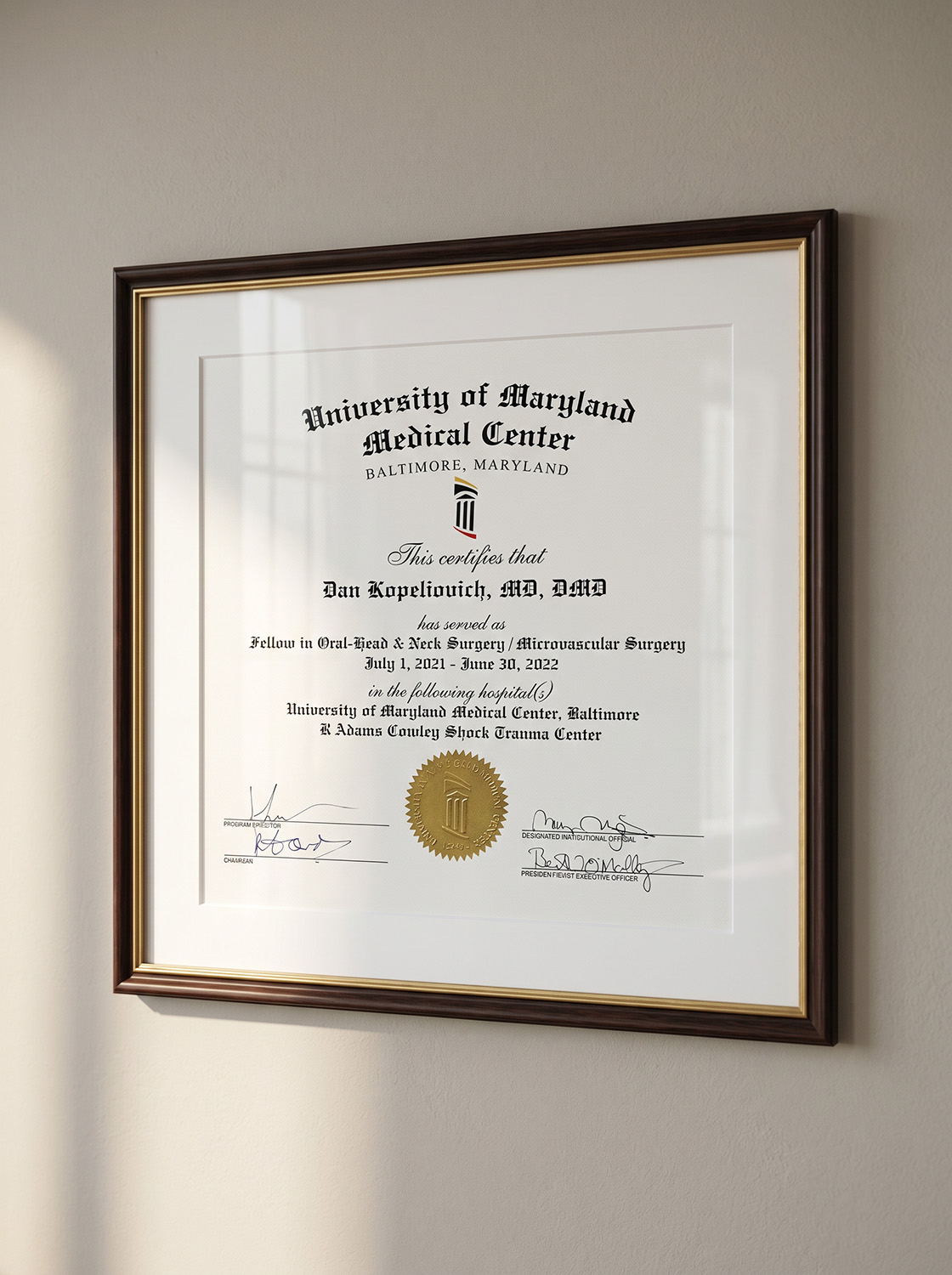 Fellowship certificate, Head and Neck and Microvascular Surgery, University of Maryland Medical Center, Baltimore